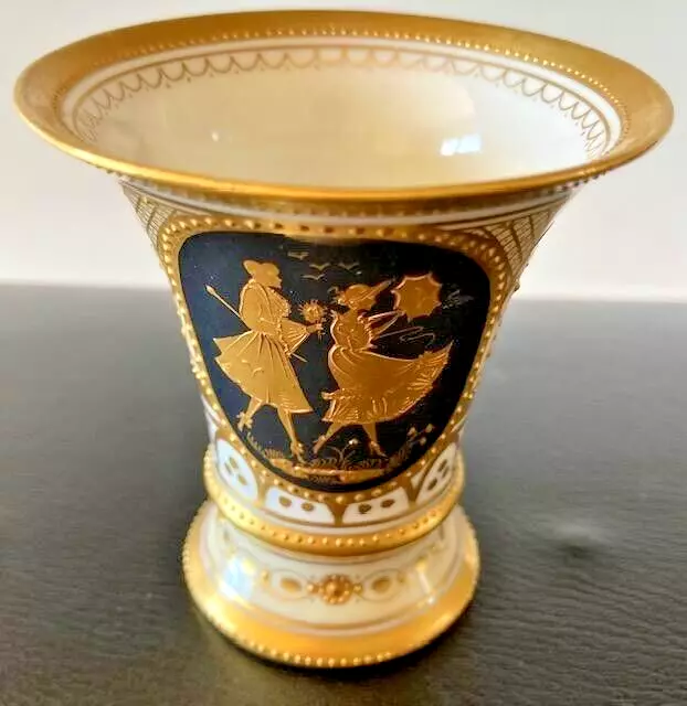 Dresden Gold-Trimmed 3" Flared Cameo Vase - Marked Saxony GERMANY - Excellent