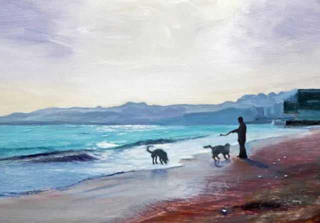 Art painting print, seascape, Swanage Bay, view of pier, Dorset, dogs , on beach