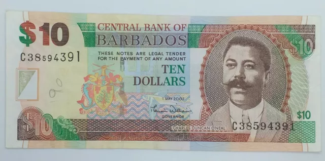 2007 - Central Bank Of Barbados - $10 (Ten) Dollars Banknote, Serial No. C38 594