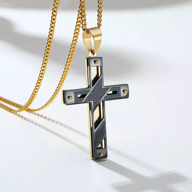 Ciondolo Bibbia Retro Biker Preghiera Gesù Croce Uomo Collana Catena Acciaio Inox