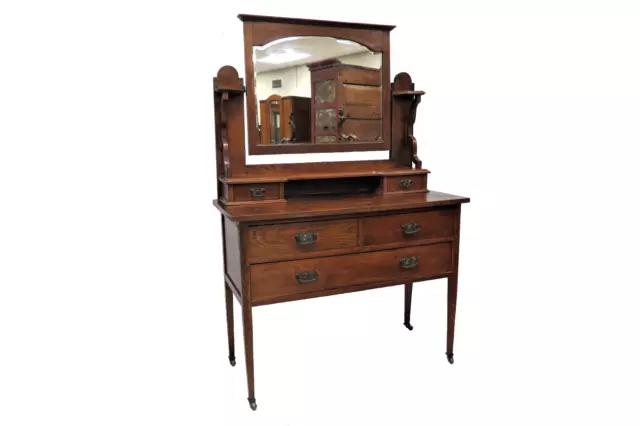 Antique English Oak Mirrored Dresser With 3 Drawers & Tilting Beveled Mirror