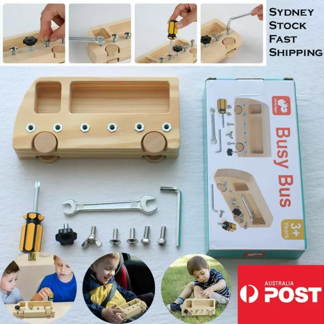 Montessori Busy Bus Nuts Screw Driver Wooden Board Sensory Kids Learning Toy AU