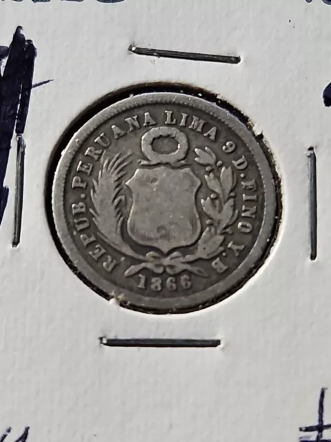 1866 Lima Peru 1 Un Dino Silver World Coin Peruvian KM.#190