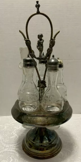 Antique Meriden Silverplate Condiment Cruet Set PUTTI Handle 5 Bottles Victorian