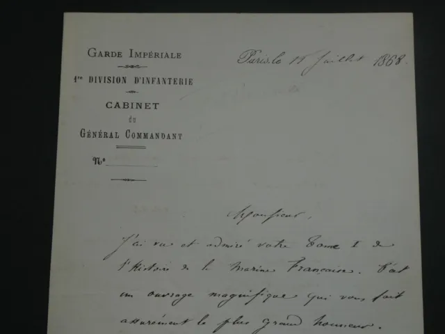 Général Charles Denis BOURBAKI -LETTRE AUTOGRAPHE SIGNÉE 1868 GARDE IMPÉRIALE 2p 2