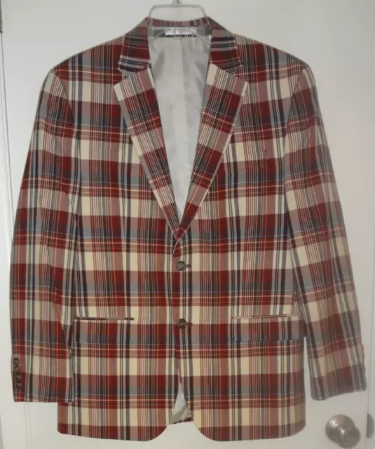 Chaps Mens Two Button Madras Plaid Blazer Cotton Sport Coat Jacket Size 40R