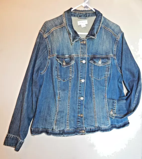 Womens size 1X Liz Claiborne Woman blue denim trucker jacket button front distre