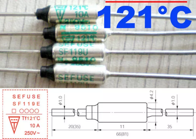1 Pcs Microtemp Thermal Fuse 121°C 121 Degree TF Cutoff SF119E 10A AC 250V New