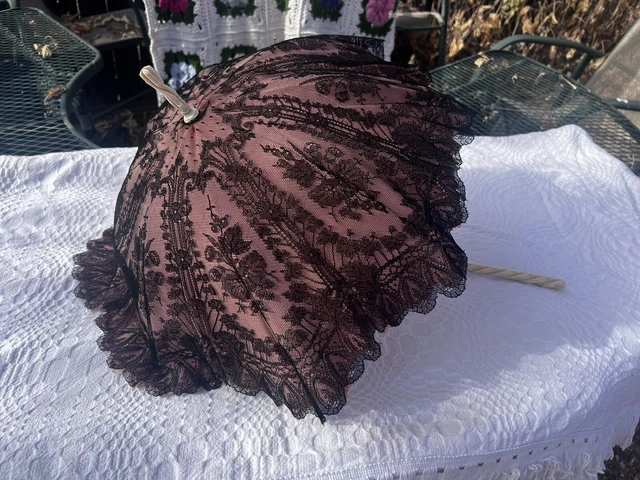 Antique c1860 Victorian Era Folding Parasol Carved Bone Handle Carriage