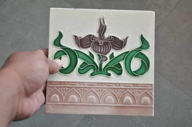 4 Pc Vintage Majolica Decorative Flower Art Nouveau Architecture Tiles, Japan 3