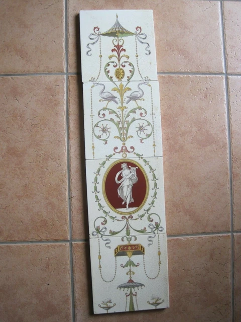 Antique Victorian Print & Tint 4 Tile Lady & Lyre Panel - Mintons - C1868 - 1900