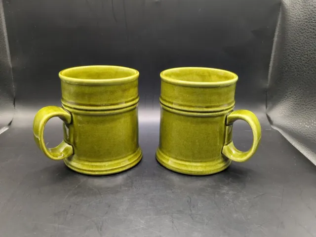 MCM Los Angeles Pottery '65 Green Ceramic Handle Mugs USA Set Of 2