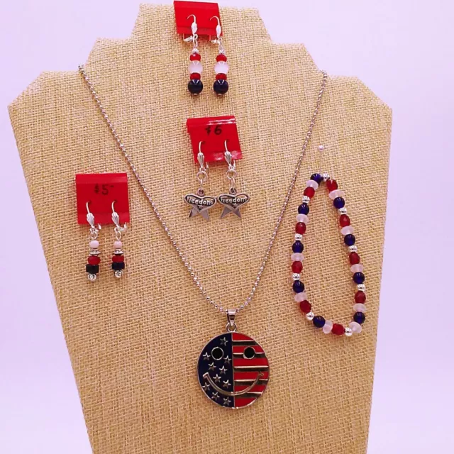 Patriotic Jewelry Set Handmade necklace earrings bracelets Red White Blue USA