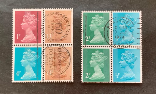 UK Great Britain 1974 - 2 block of four used stamps QEII Queen Elizabeth II.