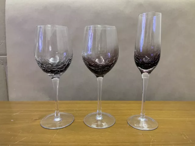 Set Of 3 Pier One Crackle Glass Stemware Glasses 2 Wine 1 Champagne Flute Purple
