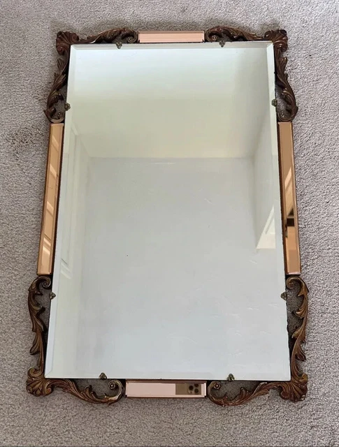 Antique Mirror Bicolour  1920s 1930s Art Deco Peach Copper Bevelled Vintage Etch
