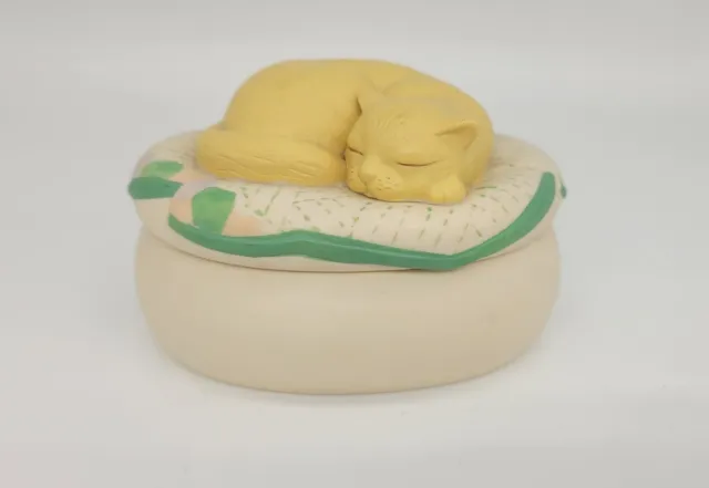 Vintage Hallmark Bisque Trinket Box Sleeping Cat On Pillow