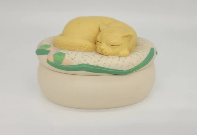 Vintage Hallmark Bisque Trinket Box Sleeping Cat On Pillow