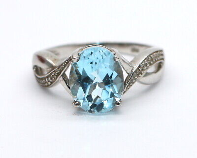 Argent Sterling 925 Naturel Topaze Bleu et Diamant Ovale Serti Bague Taille L GB