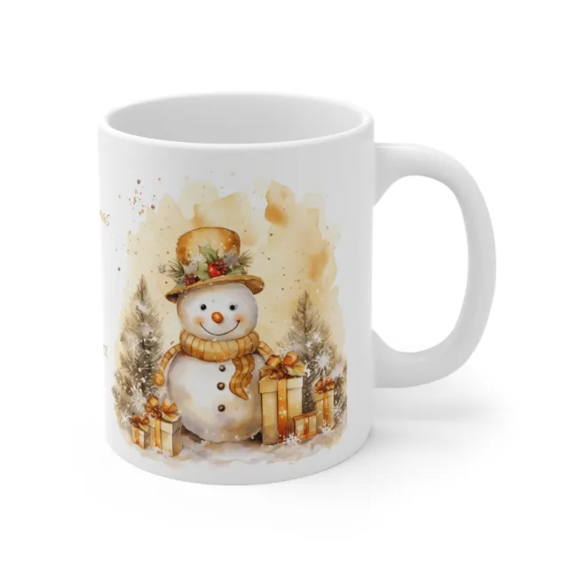 Gold Snowman Cute Christmas Mug, Watercolor with funny words "Frosty Fest" cup