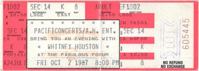 Vintage 1987 Whitney Houston Full Complete Ticket Stub Inglewood CA