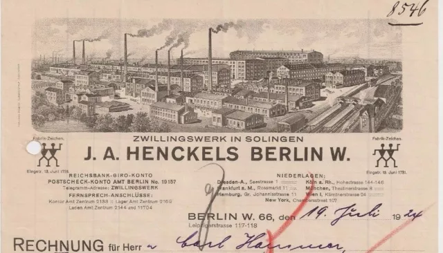 Zwillingswerk J.A Henckels Solingen Rechnung Berlin 1924 Scheren Bergische Land