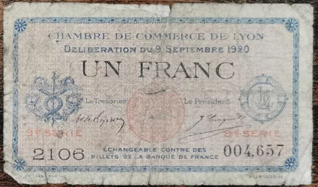 Billet 1 franc Chambre de commerce de Lyon 1920 - nécessité - 9e série