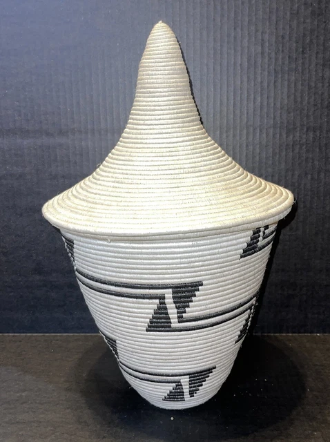 Rwandan Peace Basket with lid and black and white woven design  15” T