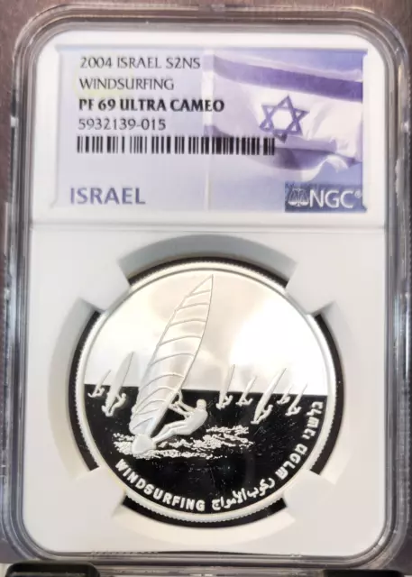 2004 Israel Silver 2 New Sheqalim Windsurfing Ngc Pf 69 Ultra Cameo Scarce