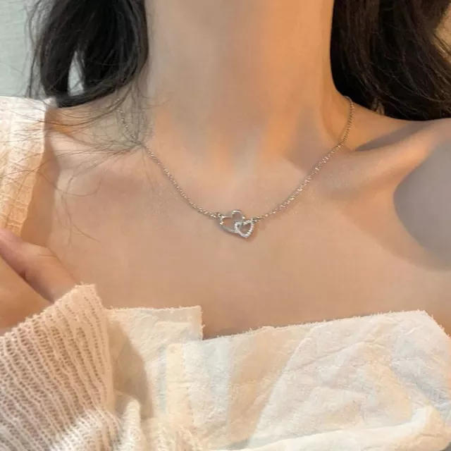 Fashion Silver Plated Crystal Double Heart Necklace Clavicle Chain Women Jewelry 2