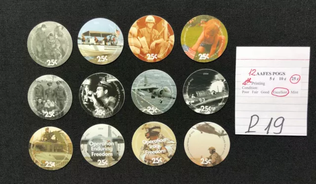 AAFES POGS,4th Series (Printing), 12 POGS, Complete 25¢ set, A.U,#P19 or... #P21