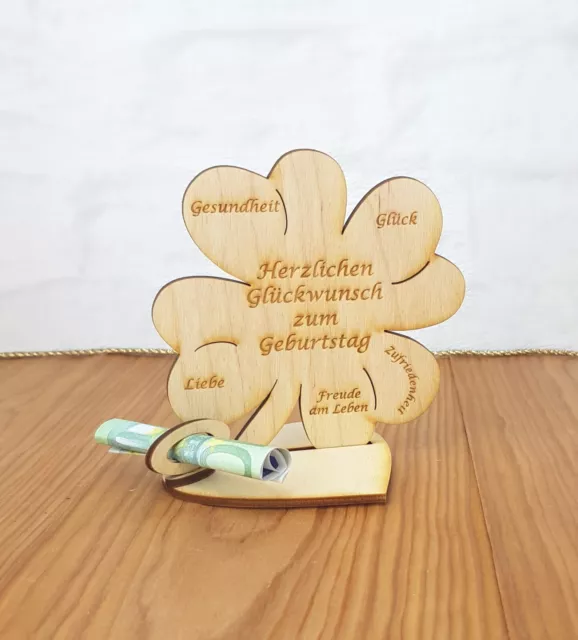 Geldgeschenk Geburtstag mit Wunschname Kleeblatt 11cm aus Holz Tischdeko