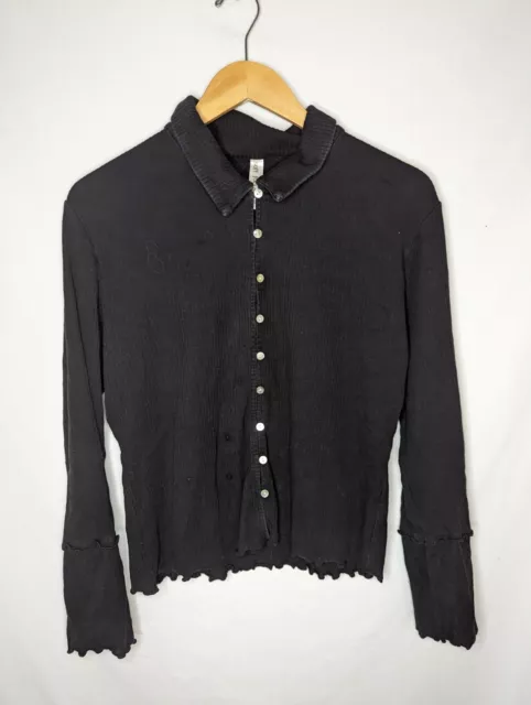 Soft Focus Black Ribbed Collared Ruffled Button Cardigan Size XL