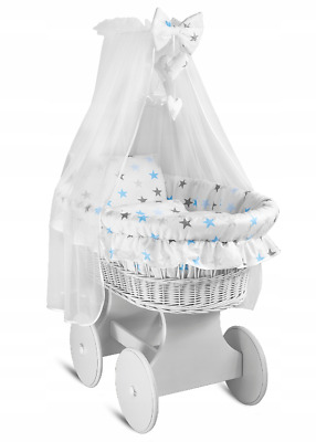 Hooded Wicker Wheel Grey Moses Basket Baby Full Bedding Set Canopy Cotton Grey Stars with White 