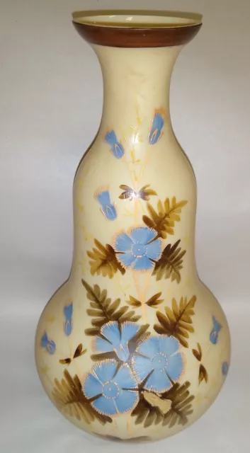 Beautiful Victorian Hand Painted Art Glass Vase w/Blue Enamel Flowers~11" Tall