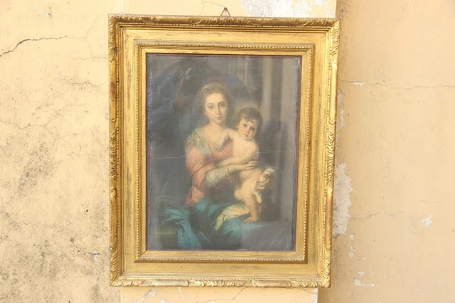 ANTICA XX secolo CORNICE DORATA IN LEGNO INTAGLIATO CON VETRO INTERNO OLEOGRAFIA