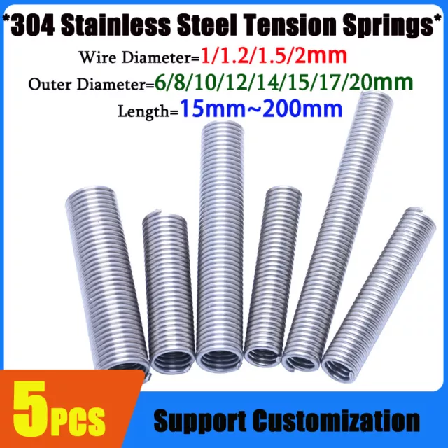 5x Stainless Steel Tension Spring 1/1.2/1.5/2mm Wire Extension Spring 15mm~200mm