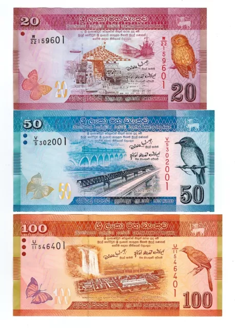 2010 Sri Lanka 20,50 & 100 Rupees 3 Notes Uncirculated 2