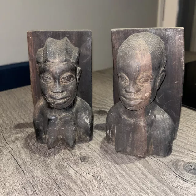 Pair of Antique Hand Carved Wooden African Tribal Bust Bookends Heavy Hardwood