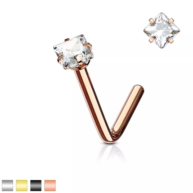 Square CZ Jewelled 316L Surgical Steel "L" Bend Nose Studs / Ring