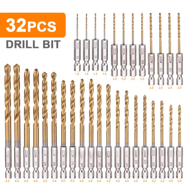 32PCS Drill Bit Set Titanium Coated HSS High Speed Steel Hex Shank Quick Change