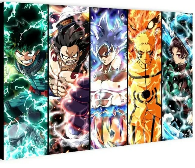 Poster Toile Manga 70x100cm - Naruto, Goku, Tanjiro, Luffy, Midoria - Déco Murale