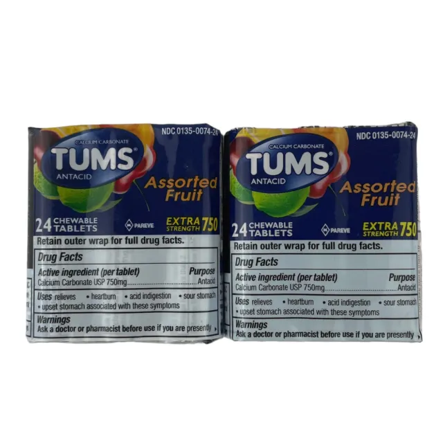 2x TUMS Extra Strength Assorted Fruit Antacid 24 Chewable Tabs Exp 06/24+