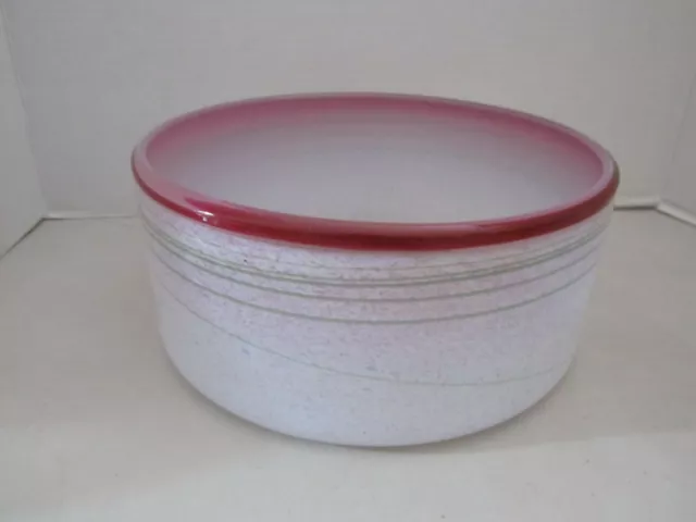 Studio Art Glass Hand Blown Bowl Large Artist Signed. White w/ Pink & Green Band