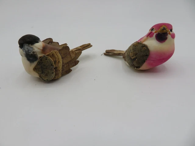 Vintage Pair Small Mushroom Birds Watercolor Bark Feathers