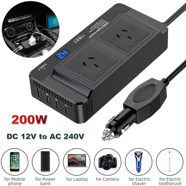 Car Power Inverter DC 12V to AC 240V Converter 200W 4-USB For Laptops LED Lights