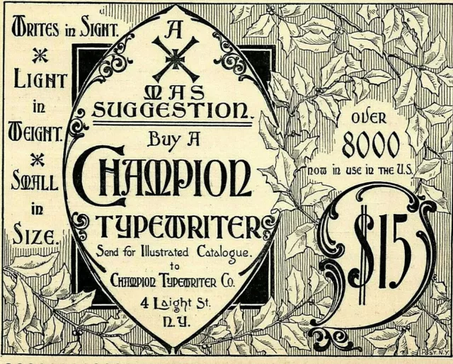 1895 CHAMPION $15 Manual Antique TYPEWRITER Print Ad Art Nouveau Leaf Vines 4862