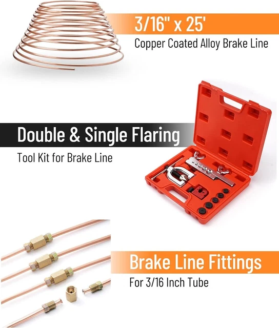 Heavy Duty 25 ft 3/16 Copper Coated Brake Line w/ Double & Single Flaring Case