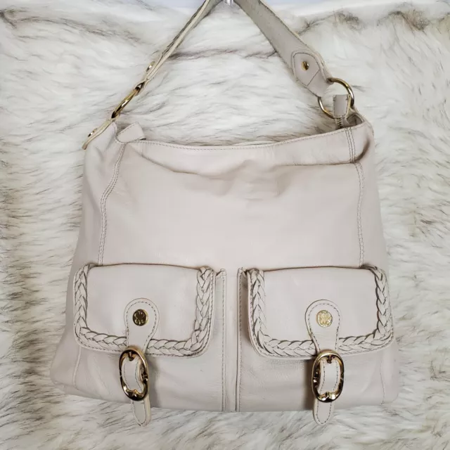 Emma Fox Leather Shoulder Bag Tote Satchel Cream Beige Braided Large Pockets