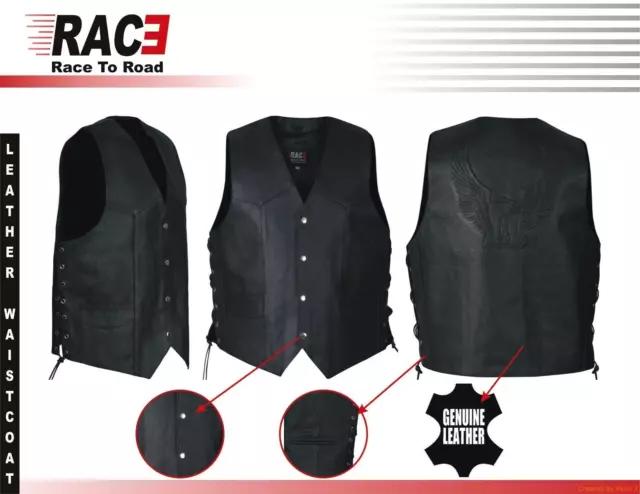 Mens Black Classic Side Laces Motorbike Genuine 100% Leather Waistcoat Vest